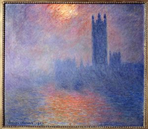Het Parlement van Londen, met de zon die door de mist breekt