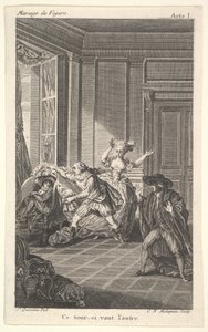Een man opgerold in een stoel kijkt naar een andere man die hem van links nadert, ca. 1784 door Claude Nicolas Malapeau