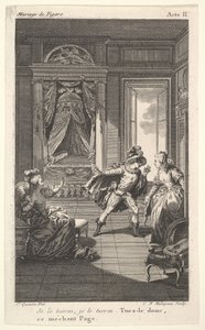 Een man leunt naar een vrouw die in een deuropening staat aan de rechterkant, links een zittende vrouw die haar hand opheft..., ca. 1784