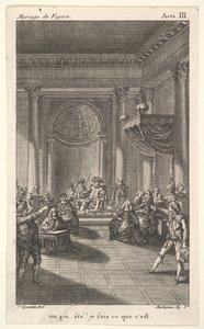 Een man zittend in een stoel op een verhoogd platform houdt een toespraak, twee wijzende mannen staan, ca. 1784