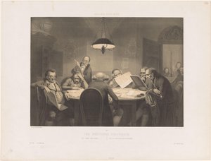 Lezende mannen rond een tafel