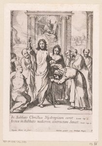 Genezing van de lamme man en de kromme vrouw op sabbat door Claude Vignon