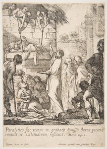 Genezing van de verlamde, Jezus-Christus bewijst door een verlamde te genezen dat hij de macht heeft om... door Claude Vignon