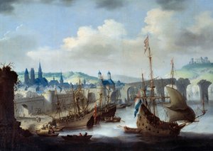 Uitzicht op de stad Rouen De schepen liggen aangemeerd aan de oevers van de Seine. Schilderij door Claude de Jongh door Claude de Jongh