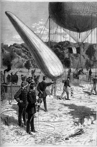 Militaire aerostaten: telefonische ervaringen in de vestiging van Meudon. Gravure door Claverie in "Le Monde Illustré" nr. 1331 van 30 september door Claverie