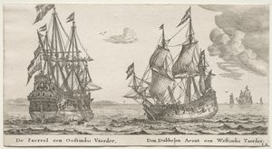 Verschillende schepen en uitzichten van Amsterdam (Verscheÿde Schepen en Gesichten van Amstelredam), Deel II: De Parel en Oost-Indiëvaarder, De Dubbele Adelaar, een West-Indiëvaarder door Clement de Jonghe