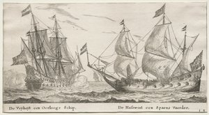 Verschillende schepen en uitzichten van Amsterdam, Deel II: De Vrijheid, een oorlogsschip. De Wolfshond, een Spaans schip door Clement de Jonghe