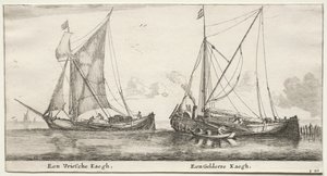 Verschillende Schepen en Zichten van Amsterdam, Deel II: Een Friese Bilander. Een Geldersche Bilander door Clement de Jonghe