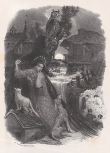 Nacht, vignet van meisje in 18e-eeuws kostuum dat rozen plukt op verso, ca. 1830-65 door Célestin Nanteuil