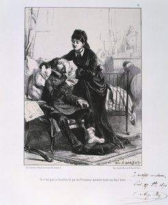 Frans-Pruisische Oorlog 1870-1871: Een gewonde soldaat wordt verzorgd en gevoed. Uit een serie lithografieën door Clement August Andrieux over de Gardes Nationales. door Clément Auguste Andrieux