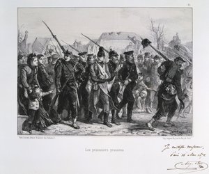 Frans-Pruisische Oorlog 1870-1871: Pruisische krijgsgevangenen. Uit een serie lithografieën door Clement August Andrieux over de Gardes Nationales. door Clément Auguste Andrieux