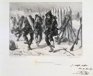 Frans-Pruisische Oorlog 1870-1871. Beleg van Parijs 19 sept 1870-28 jan 1871. Soldaten op de wallen springen rond om warm te blijven. Uit een serie lithografieën door Clement August Andrieux over de Gardes Nationales. door Clément Auguste Andrieux