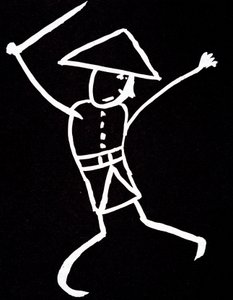 Personage met hoed, uniform en vleugels. Anime tekening door Emile Cohl (1857-1938) in wit op zwart. door Cohl