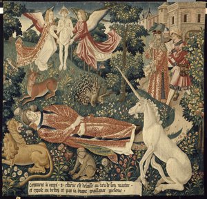 Eenhoorn. Uit: La Tenture de saint Étienne. Scène 8: Het lichaam van de martelaar blootgesteld aan de beesten, ca. 1500.