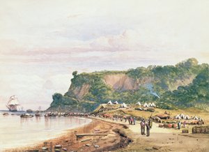 Landing van de Britse en Franse troepen bij Varua aan de Zwarte Zee vanaf H.M.S. Bellerophon, 17 juli 1854 in de Krimoorlog door Colonel Ben Hallewell