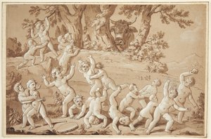 Een grote groep putti in paniek door de komst van een stier door Conrad Martin Metz