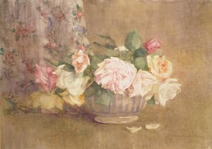 Een kom met roze, gele en witte rozen door Constance Walton
