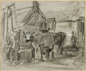 Boerderij met mens en vee door Constant Troyon