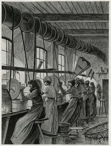 Een vrouwenwerkplaats in de glasfabriek van Val Saint Lambert. Gravure door C.Meunier ter illustratie van het verhaal 