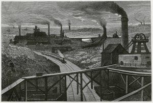 Steenkoolmijnbouw en terrils (aspecten van de contree boraine). Gravure door Constant Meunier, ter illustratie van het verhaal 