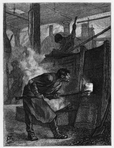 Puddleur bij zijn oven (staalarbeider verantwoordelijk voor het roeren van ijzer om het in ijzer te veranderen door koolstof te verbranden), in een fabriek in Jumet (of Djumet, in de stad Charleroi). Gravure door Constant Meunier, ter illustratie van het v