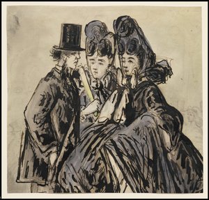 Een heer en twee dames, 1860s door Constantin Guys