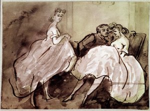 Twee prostituees en een verleidingsscène klant in een bordeel. Tekening door Constantin Guys (1805-1892) 19e eeuw Parijs, Musee Carnavalet