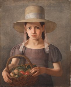 Een meisje met fruit in een mand