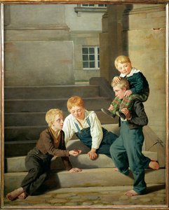 Jongens dobbelen voor paleis Christiansborg in Kopenhagen (schilderij op doek) door Constantin Hansen