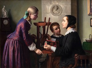 Een huisvrouw bij haar bandweefgetouw praat met twee kinderen door Constantin Hansen