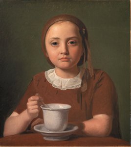 Portret van een klein meisje, Elise Købke, met een kopje voor haar