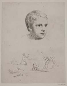 Boven portret van T. N. Thiele als kind, onder vier jongens die bal spelen door Constantin Hansen