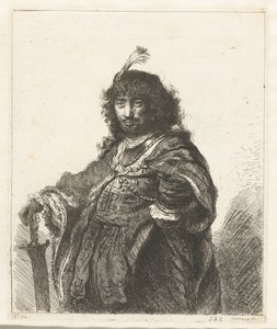 Zelfportret (?) met gevederde hoed en neergeslagen sabel door Constantino Cumano