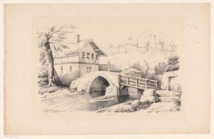 Brug en huis in heuvelachtig landschap
