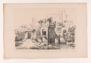 Brug met begroeide toren door Constantinus Cornelis Huysmans