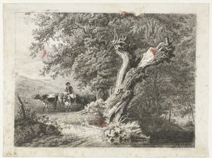Landschap met kale boom en herder door Constantinus Cornelis Huysmans