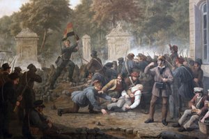 Revolutionaire barricade tegenover het Park van Brussel tijdens de gevechten tussen Belgische rebellen en Nederlandse troepen in 1830 door Constantinus Fidelio Coene