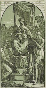 Madonna met kind op de troon, Hiëronymus en Franciscus door Conte Antonio Maria Zanetti the Elder