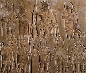 Reliëf met een Vergoddelijkte Romeinse Keizer die Eer ontvangt van Egyptische Nomaden