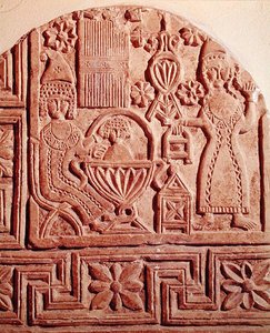 Stèle die het baden van het kindje Jezus toont door Coptic Coptic