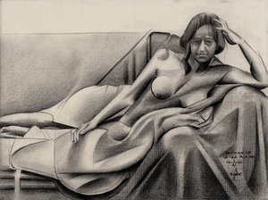 Peinzende, achteroverleunende figuur