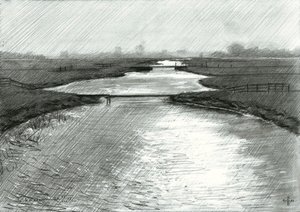 Schets van een rustig rivierlandschap