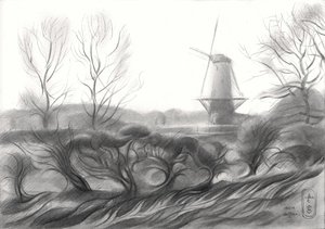 Tekening van een wintermolen door Corné Akkers