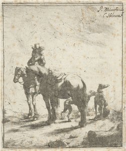 Ruiter met twee paarden en twee honden door Cornelis A. Hellemans