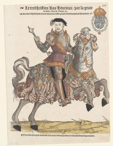 Portret van Hendrik II van Frankrijk in harnas te paard, naar rechts