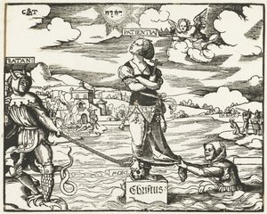 Geduld (Patientia) op een steen in het water door Cornelis Anthonisz.