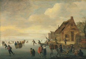 Een winterlandschap met door paarden getrokken sleeën en figuren die schaatsen op een bevroren meer bij een landelijk dorpje