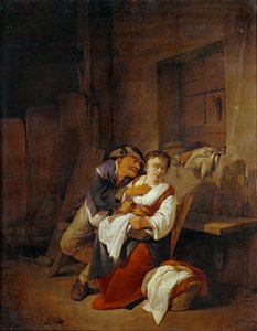 Oude man worstelt met jonge vrouw in ... door Cornelis Bega