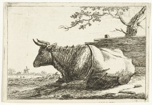 Landschap met liggende koe met dek op de rug