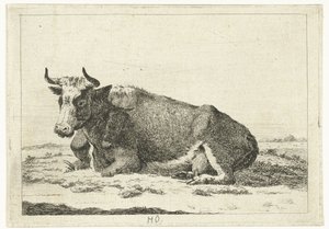 Landschap met liggende koe met horens (serie titel: Koeien)